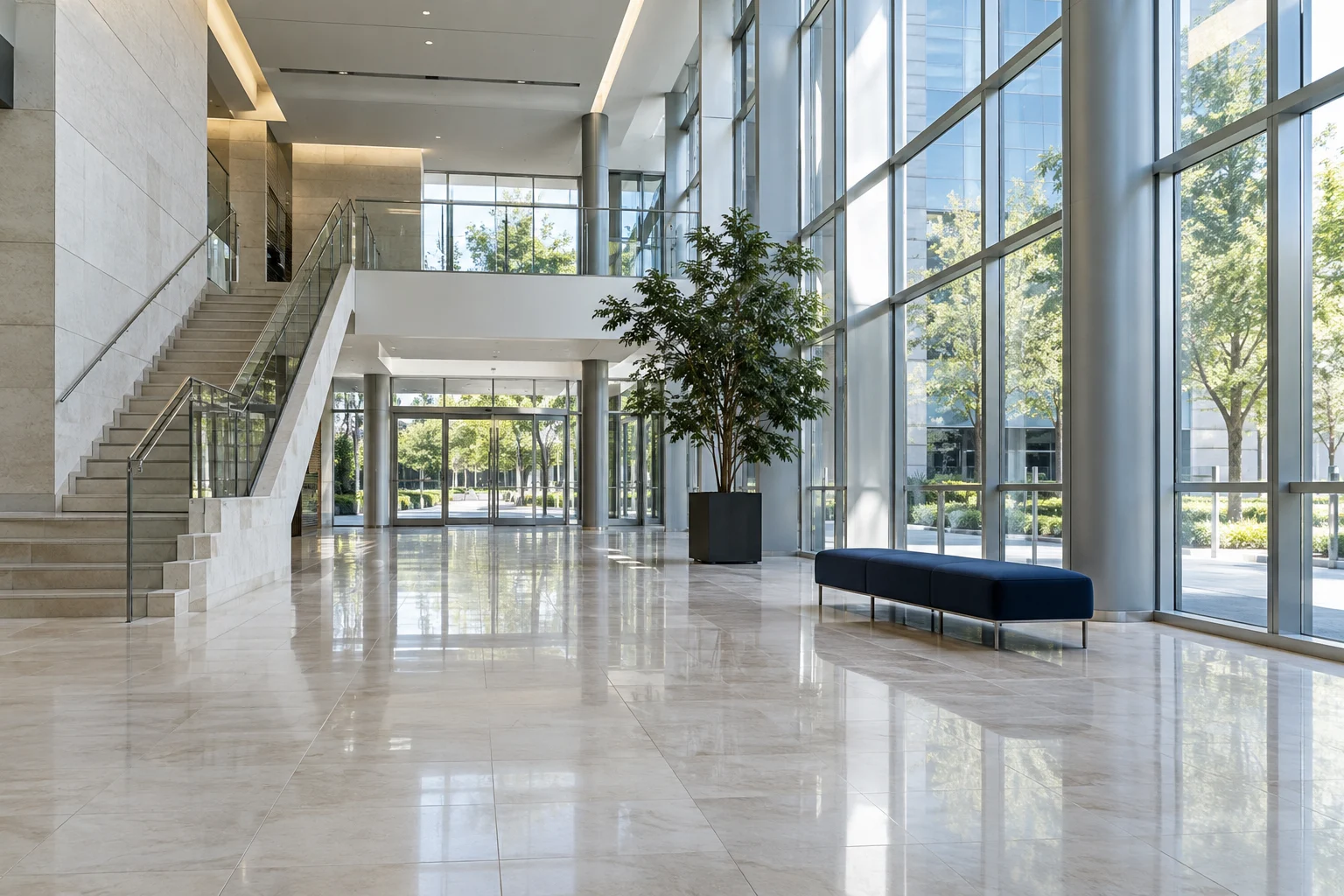 Sunlit commercial lobby with clean stone floors and expansive windows