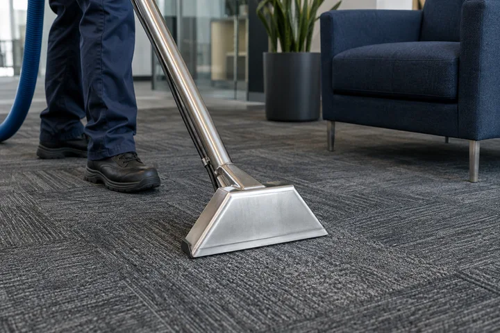 Professional carpet cleaning equipment on commercial carpet tiles