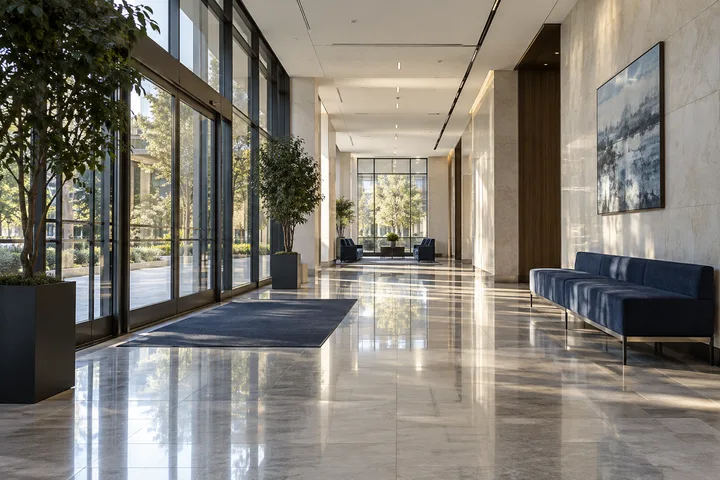 A clean commercial entrance with stone floors and shared seating