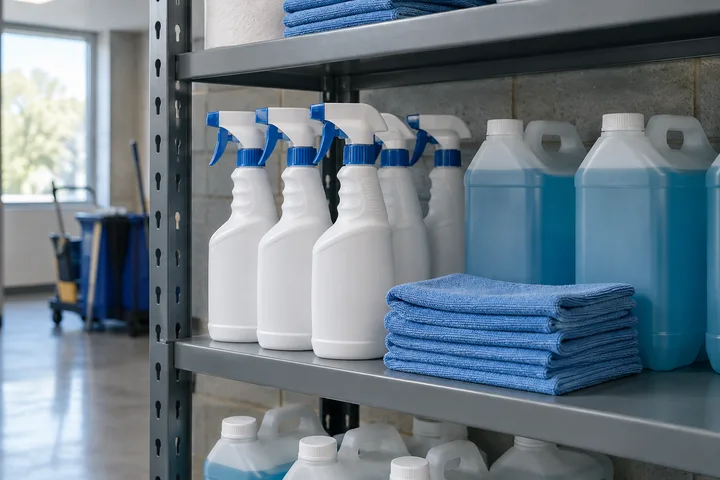Cleaning solution containers and spray bottles with blue microfiber cloths