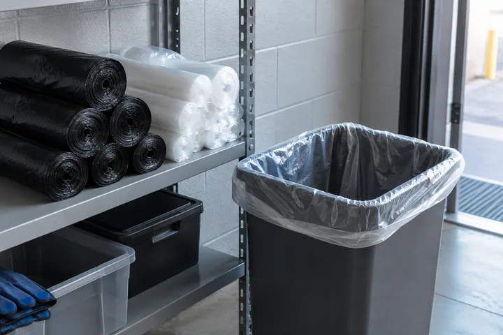 Rolls of black and translucent liners beside a lined waste receptacle