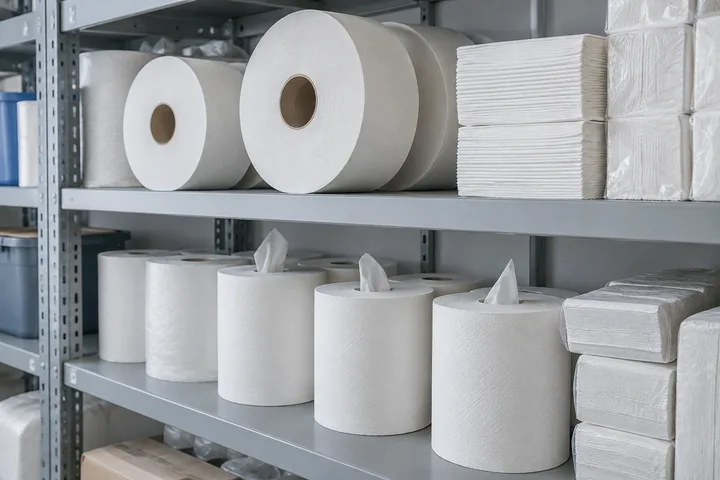 Commercial tissue rolls and folded paper towels on utility shelving