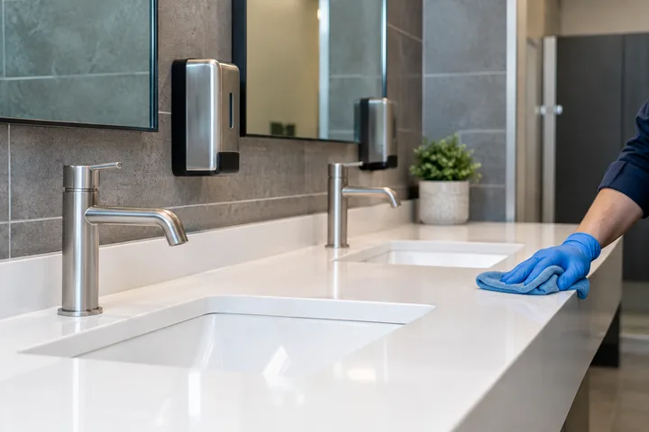 A commercial restroom counter being wiped beside stainless steel fixtures
