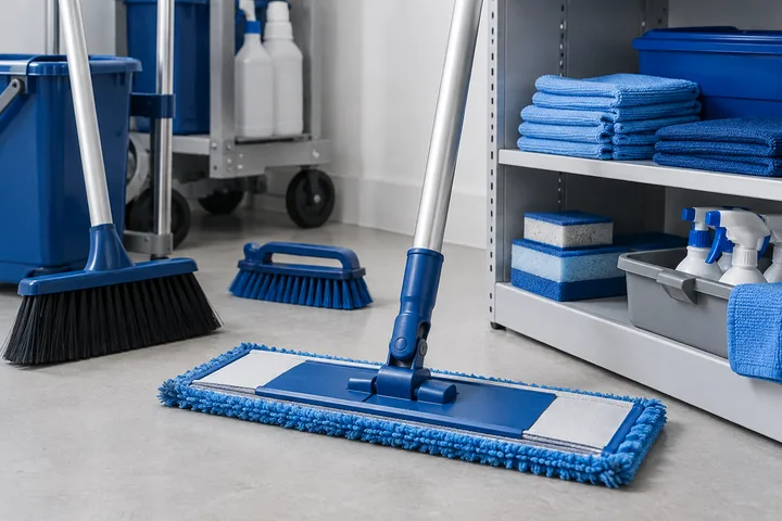 A flat mop, broom, brushes, sponges, and cloths organized for custodial work