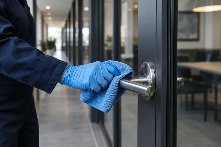 A blue-gloved hand cleaning a shared office door handle