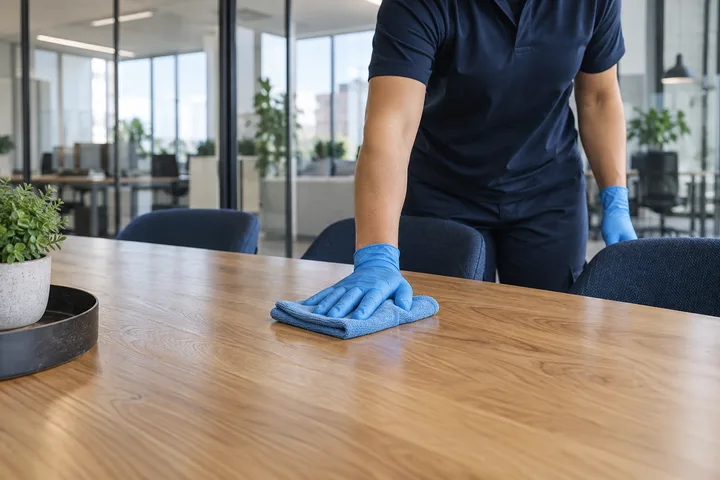 A gloved cleaner wiping a meeting table in a shared office
