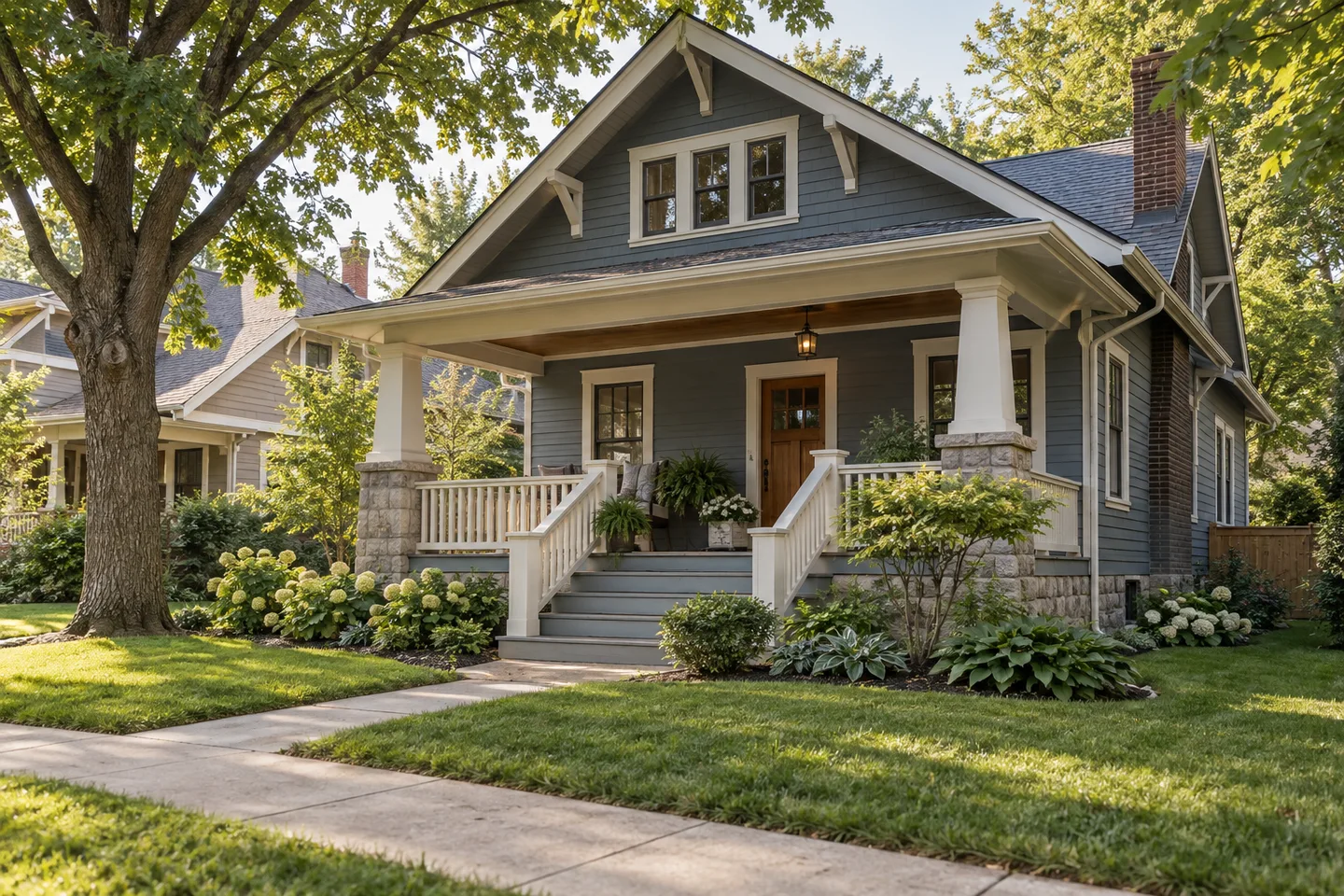A welcoming bungalow with a shaded front porch and established garden